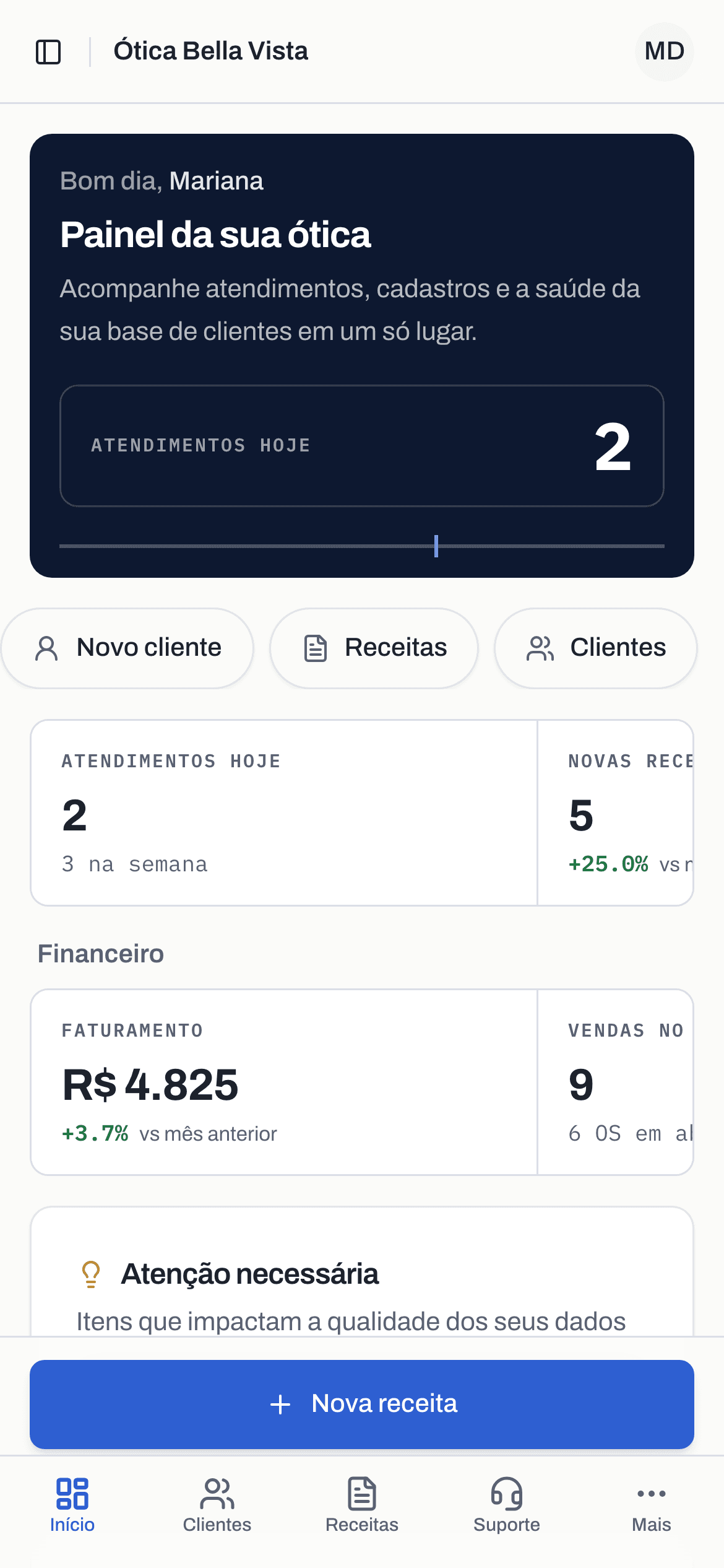 Painel da ótica no Lentesys aberto no celular, com vendas do dia e caixa
